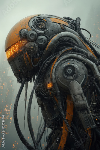Futuristic cyborg with orange helmet and mechanical details in a sci-fi cityscape