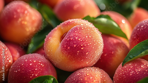 Obraz na płótnie Fresh dew-covered peaches close-up with vibrant colors and natural green leaves w salonie