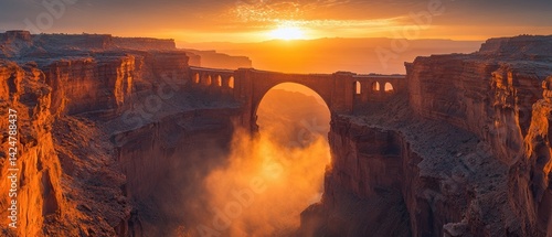 Obraz na płótnie Majestic sunrise over ancient stone bridge spanning dramatic canyon with vibrant orange hues and mystical mist at golden hour w salonie