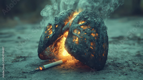 Obraz na płótnie Burning lungs concept with cigarette embers illustrating smoking effects on respiratory health and lung damage w salonie