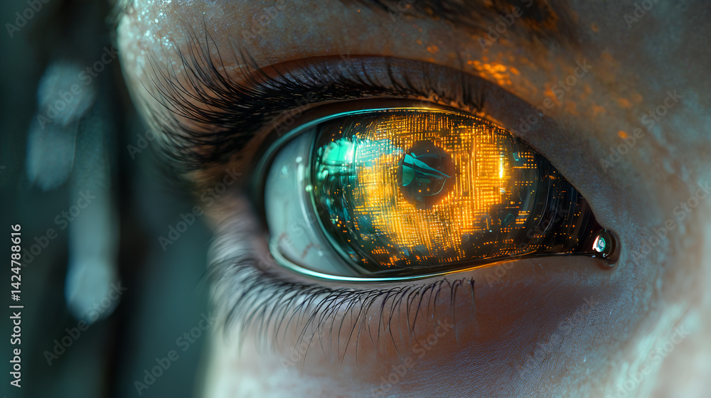 Futuristic eye close-up reflecting digital circuitry and technology vision