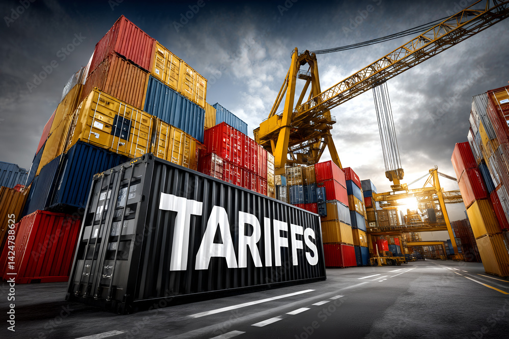 Cargo shipping yard with tariffs text on container near large yellow crane at sunset
