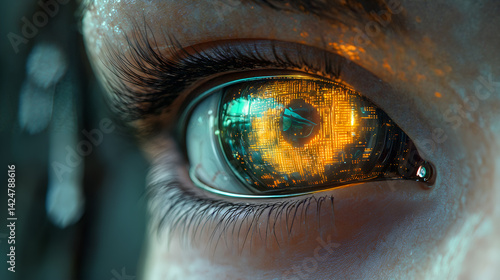 Obraz na płótnie Futuristic eye close-up reflecting digital circuitry and technology vision w salonie