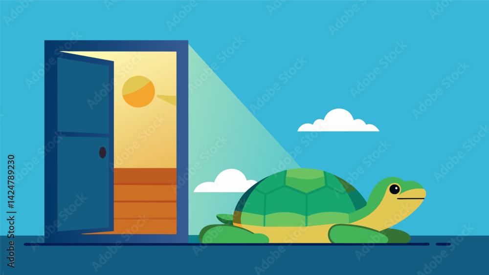 Naklejka premium A relaxed turtle sun near an electronic pet door enjoying the sunlight filtering through the opening.. Vector illustration