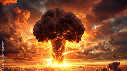 Devastating nuclear explosion forms a mushroom cloud, depicting a catastrophic event. Ai Generated