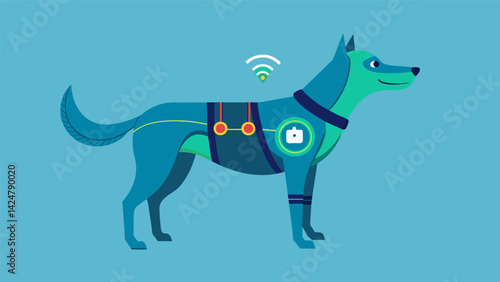 A wearable training vest for dogs that has sensors to record their movements during activities and provide feedback for improvement.. Vector illustration