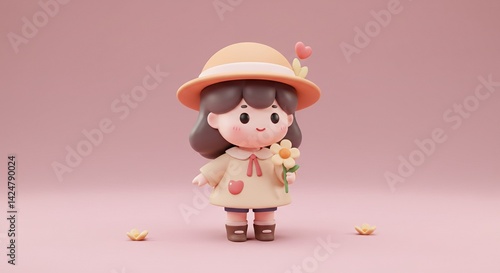 Adorable Cartoon Girl Holding Yellow Flower with Tan Hat in Pastel Color Palette in 3D Render Childrens Book Illustration Style