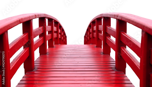 A red wooden park bridge with elegant curved railings, designed to span a small stream or garden creek, shown in close-up and isolated on a transparent background for use as a graphic design element
