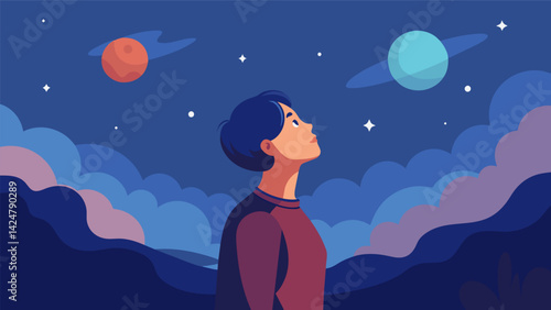 A drawing of a person gazing up at a night sky with the prompt What brings you a sense of peace and calm Describe it in detail..