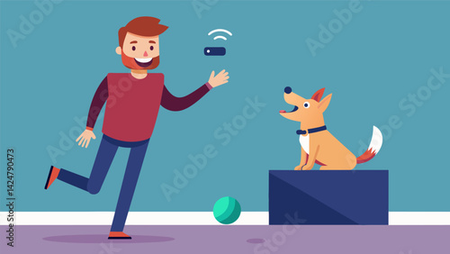 A man laughing as he watches his dog excitedly jump and bark at a remotecontrolled ball controlled by his handheld device.. Vector illustration