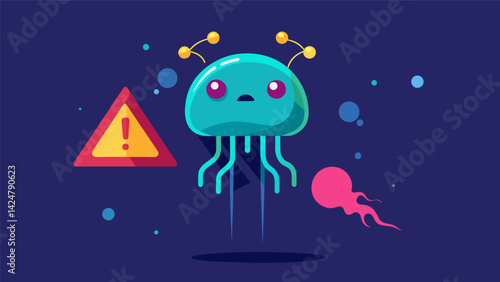 A jellyfish with a glowing neon warning sign floating above its head representing the spread of panic through social media..