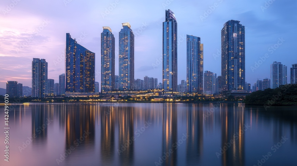 Fototapeta premium Modern Skyscrapers Reflected in Still Water at Dusk