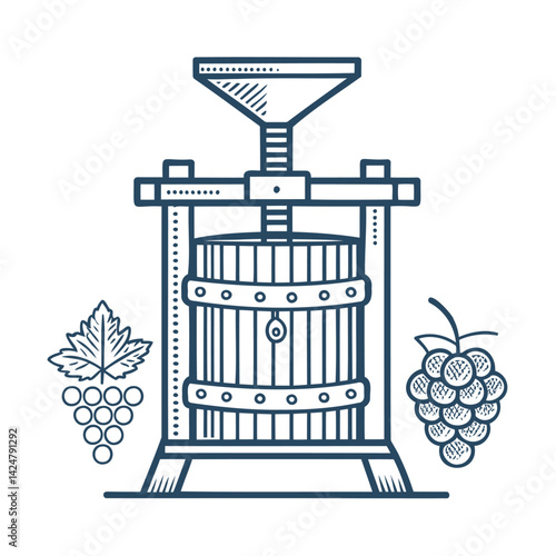 Vintage Wine Press with Grapes in Hand-Drawn Style