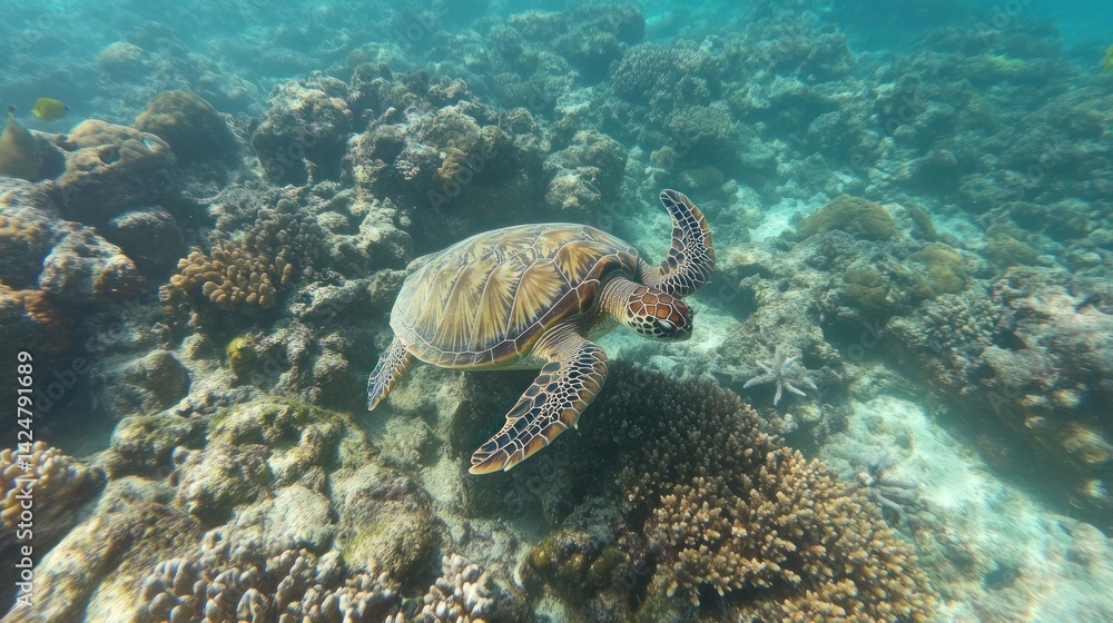 Naklejka premium Majestic Sea Turtle Gracefully Navigating Vibrant Coral Reef
