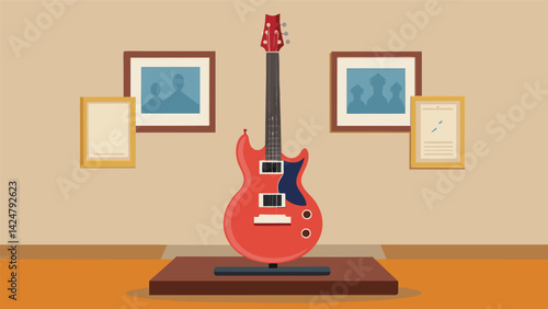 A collectors prized possession a signed guitar from a famous 60s rocker sits on a stand in the center of the room. Vector illustration