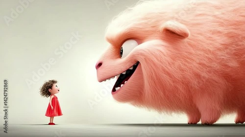 Curious encounter: child faces fluffy giant with unexpected expression change
