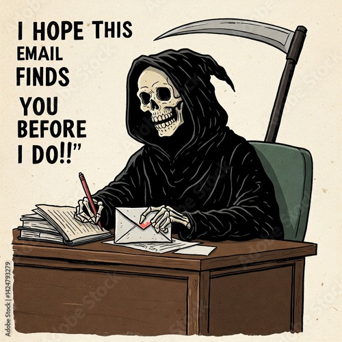 ** Humorous cartoon of the Grim Reaper at a desk, writing a letter/email. Text: I hope this email finds you before I do!! **