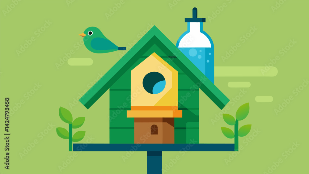 A birdhouse made from repurposed plastic bottles providing a safe and ecofriendly home for feathered friends.. Vector illustration A birdhouse made from repurposed plastic bottles providing a safe and ecofriendly home for feathered friends.. Vector illustration