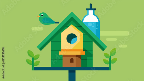 A birdhouse made from repurposed plastic bottles providing a safe and ecofriendly home for feathered friends.. Vector illustration