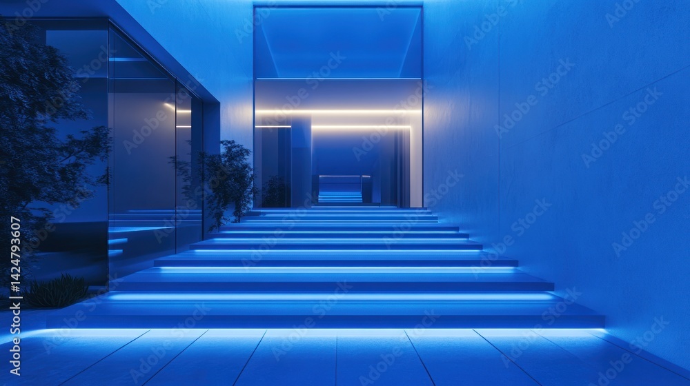 Obraz premium Modern Blue Illuminated Staircase in a Minimalist Interior