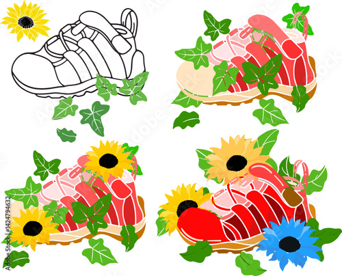 Spring summer sneakers with sunflower and green leaves