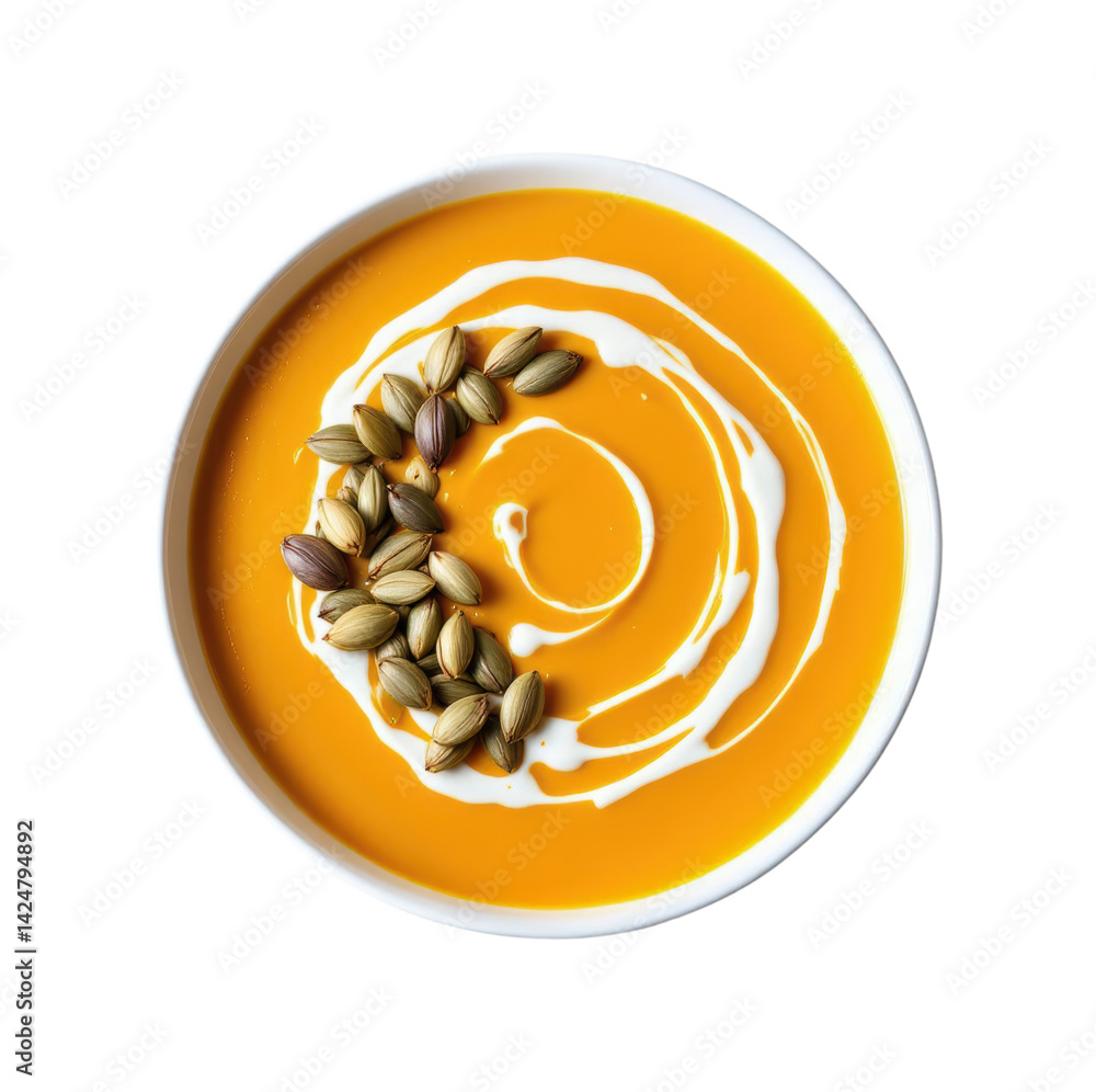 Obraz premium Creamy Pumpkin Soup with Roasted Pumpkin Seeds and Cream Swirl Garnish in White Ceramic Bowl Isolated on Transparent and White Background