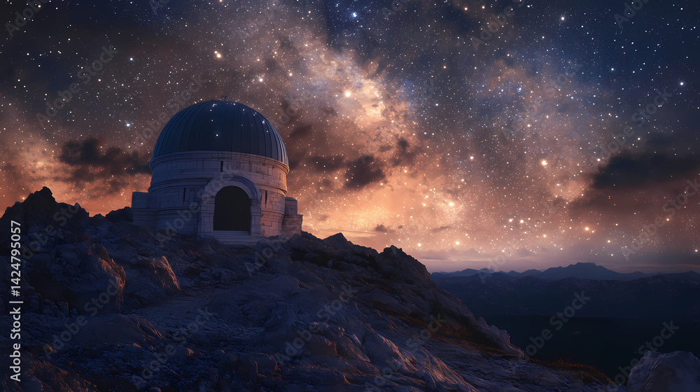 Stargazers' sanctuary: unveiling the secrets of the cosmos from atop ancient peaks. Skyward Shrine. Illustration Stargazers' sanctuary: unveiling the secrets of the cosmos from atop ancient peaks. Skyward Shrine. Illustration