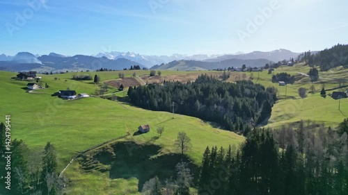 Aerial of little alpine village in the Alps of Switzerland in the early spring near Bennau