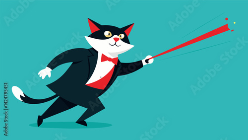 A tuxedo cat chases the red laser dot tail flicking furiously as it jumps and twirls in a hilarious game of cat and laser mouse.. Vector illustration