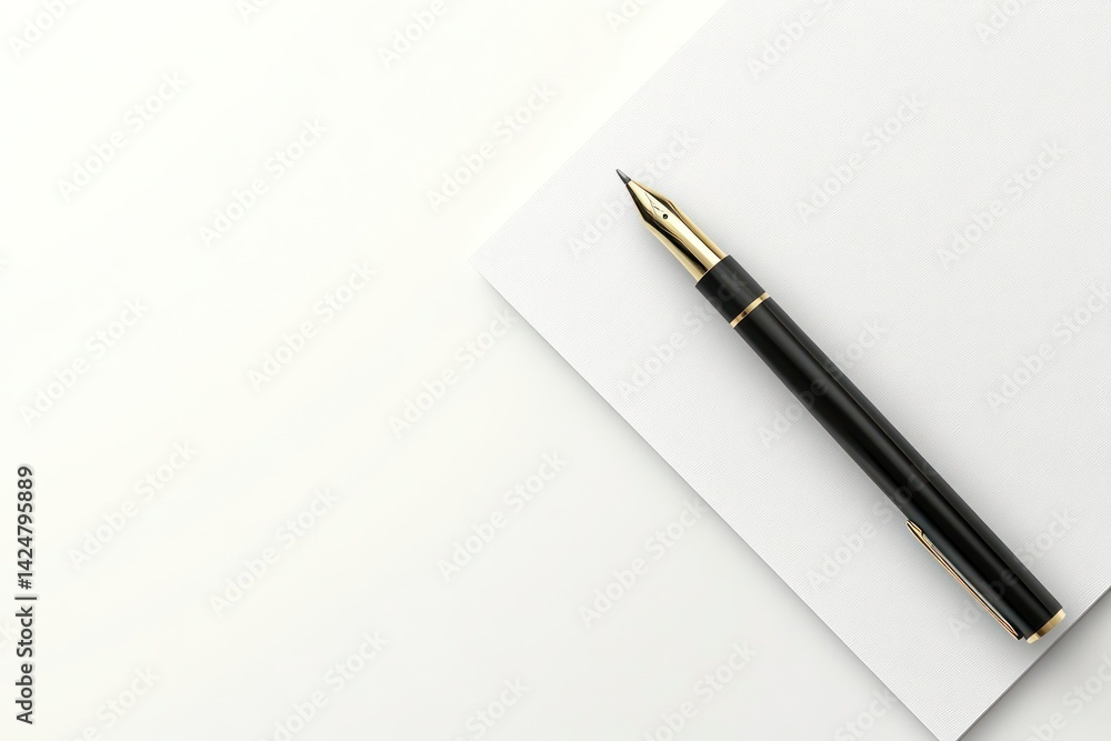 Elegant Fountain Pen on Clean White Paper Minimalist Office and Writing Tools Photography Elegant Fountain Pen on Clean White Paper Minimalist Office and Writing Tools Photography