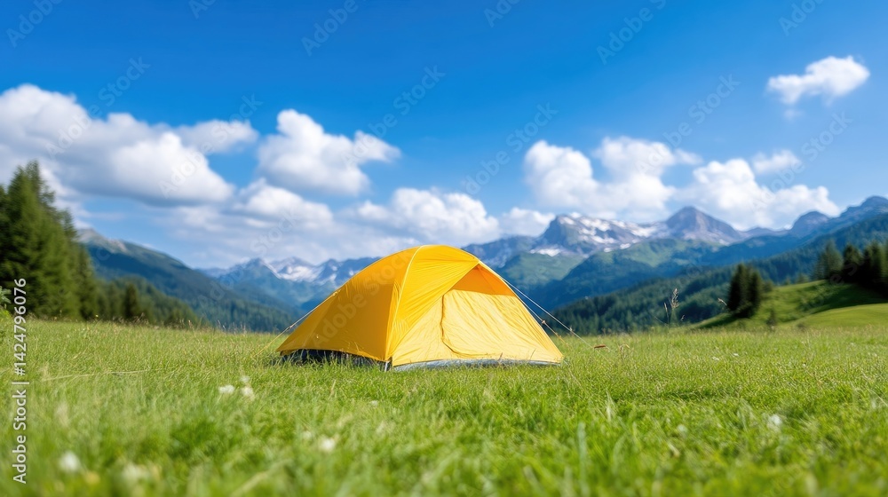 Sunny camping tent in a mountain meadow Sunny camping tent in a mountain meadow