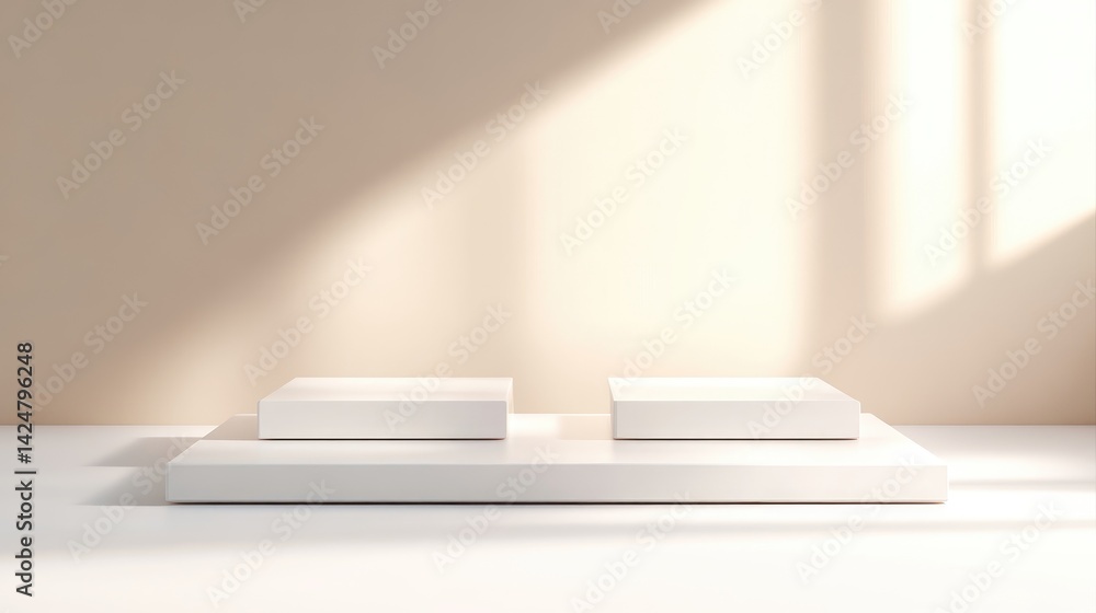 Minimalist product display podiums in a sunlit room Minimalist product display podiums in a sunlit room