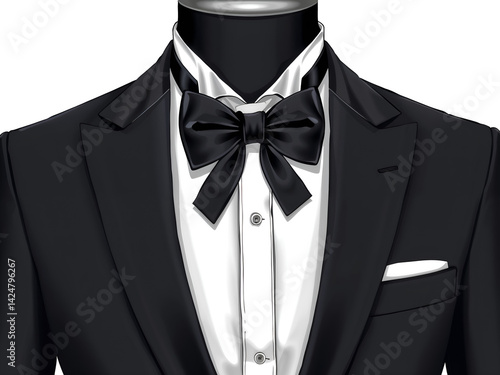 Classic tuxedo with satin lapel and white shirt, perfect for formalwear and wedding themes. Generative AI