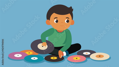 A child sitting crosslegged on the floor sorting through a colorful collection of vinyls with a look of pure joy on their face. Vector illustration