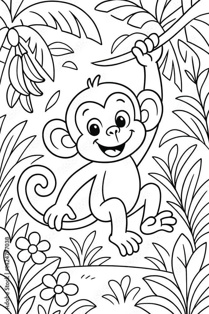 Fototapeta premium Adorable monkey coloring page in a tropical jungle.