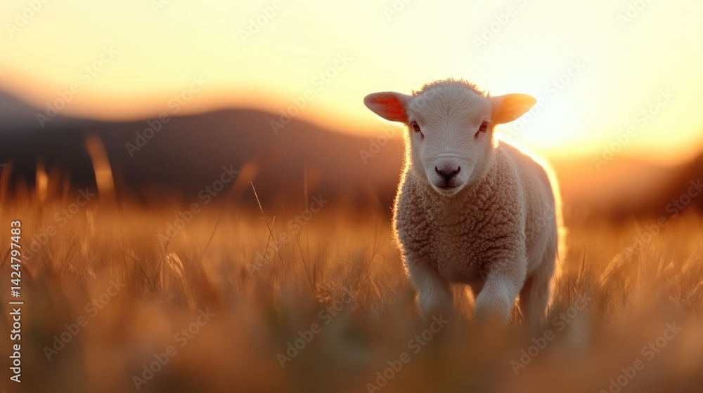 Obraz premium Adorable lamb in golden sunset field