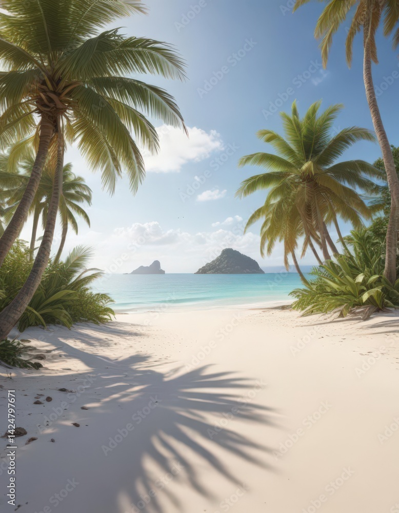 Obraz premium Soft white sand, palm trees framing distant island, idyllic, palm trees