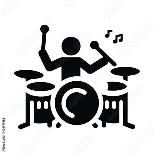 drummer icon, musician playing drums, sticks stickman figures isolated human silhouette