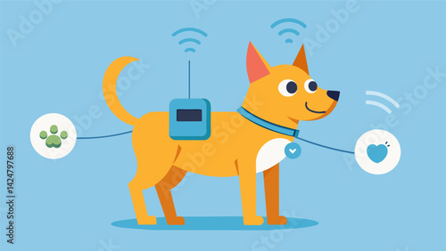 A miniature device that clips onto your pets fur tracking their daily activity and alerting you if they need more playtime or rest.. Vector illustration