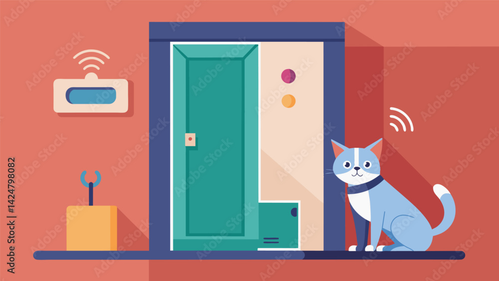 An automated pet door that only opens for your pets via a microchip or collar sensor keeping unwanted critters out.. Vector illustration An automated pet door that only opens for your pets via a microchip or collar sensor keeping unwanted critters out.. Vector illustration
