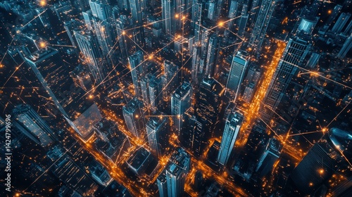 Aerial View of a Dense City at Night with Illuminated Streets and Buildings