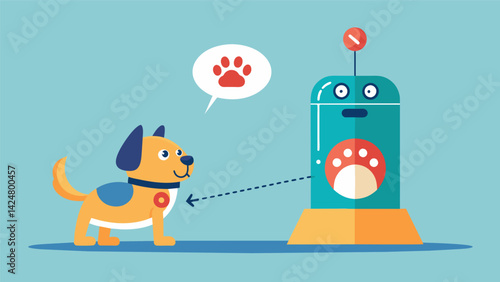 A programmable treat dispenser that encourages your pet to follow a specific path or complete a certain number of steps before being rewarded. Vector illustration
