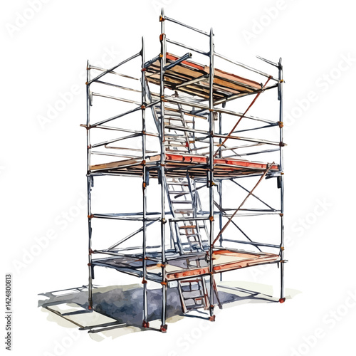 Robust scaffolding system, watercolor illustration, isolated on a white background.

