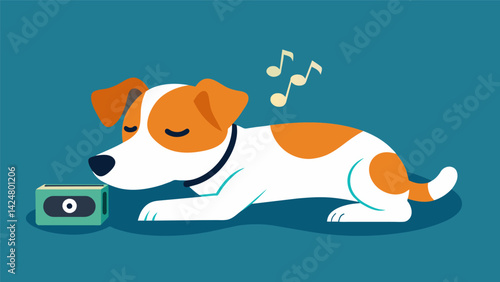 A hyperactive Jack Russell terrier settles down for a nap as an AIenhanced device senses her overstimulation and plays soft instrumental music to help. Vector illustration