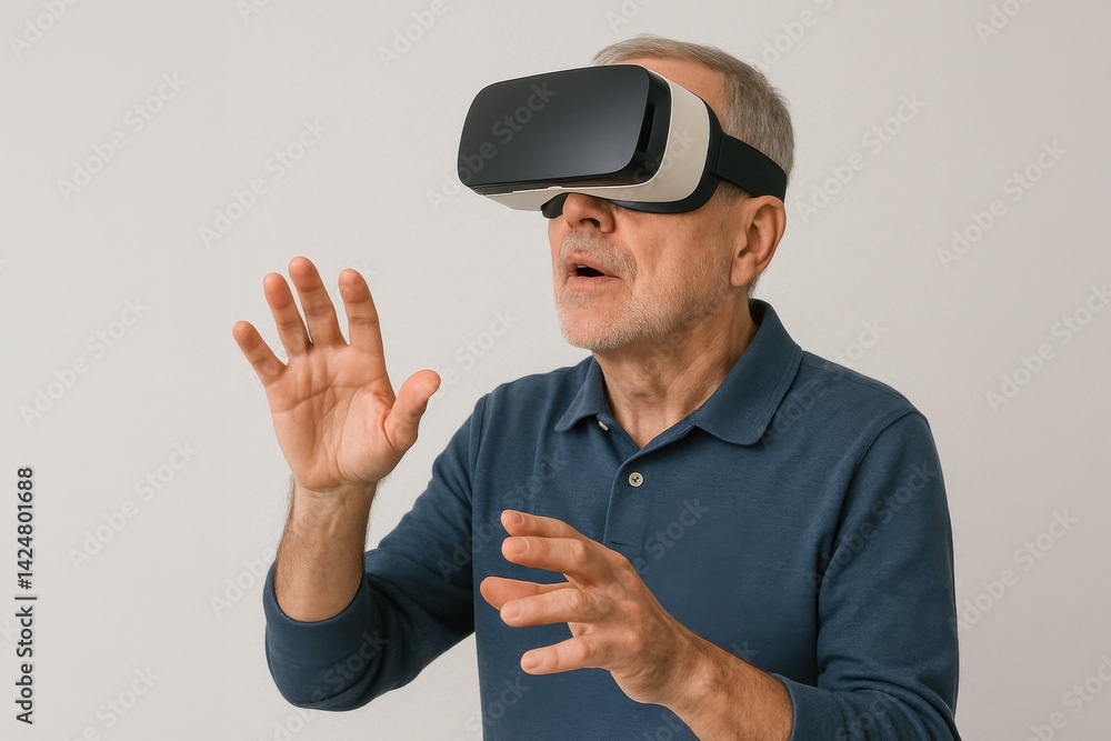 Naklejka premium Elderly man in VR headset looking amazed with raised hands in interactive pose. 