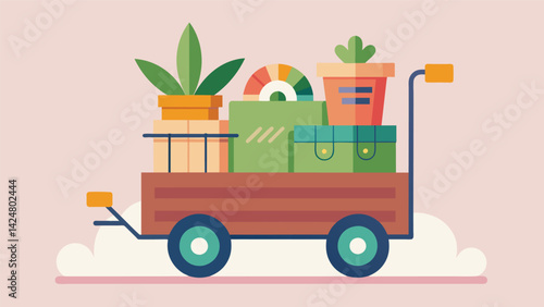 A charming cart filled with recycled cardboard boxes fabric scraps and plantbased dyes to create beautiful and sustainable gift wraps.. Vector illustration