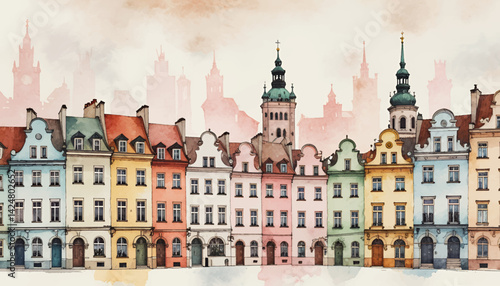 Watercolor Painting of Old Town Square Prague Czech Republic Artistic Depiction of Historic Architecture and Colorful Buildings in Europe Travel Destination Artwork