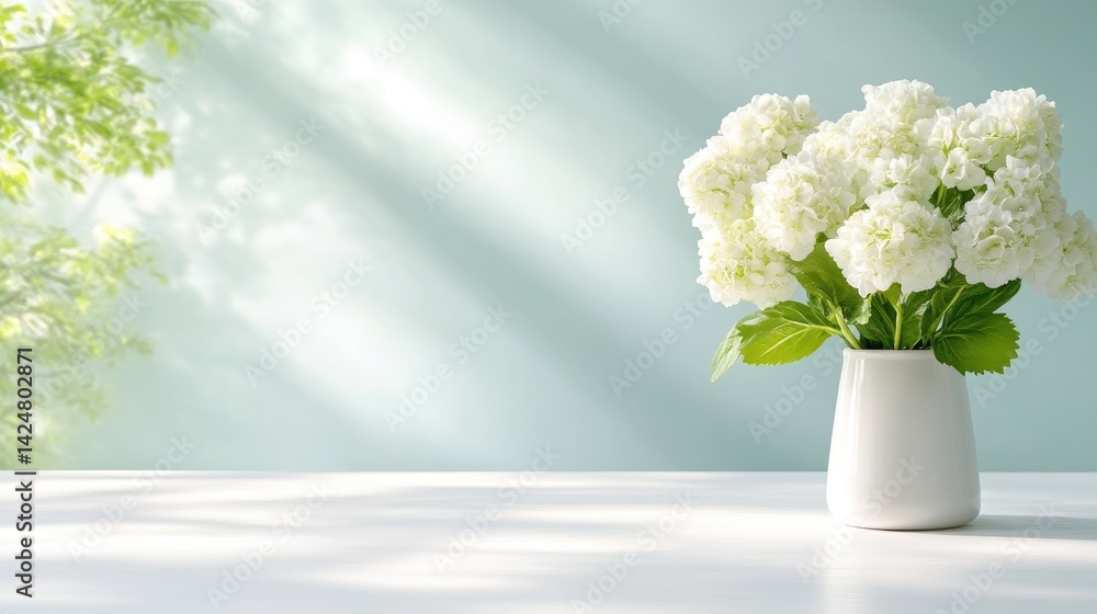 Fototapeta premium A white vase filled with delicate white flowers on a minimalist table, soft sunlight streaming through a window, and serene and elegant interior setting.