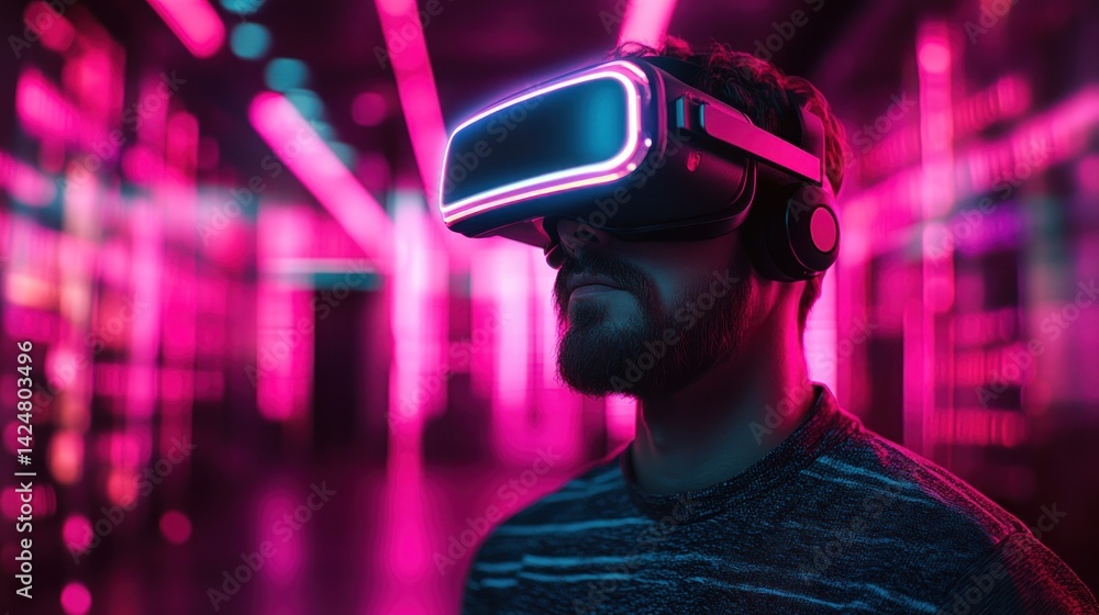 Immersive Virtual Reality Experience: A Man Exploring Metaverse with Neon Lights Immersive Virtual Reality Experience: A Man Exploring Metaverse with Neon Lights