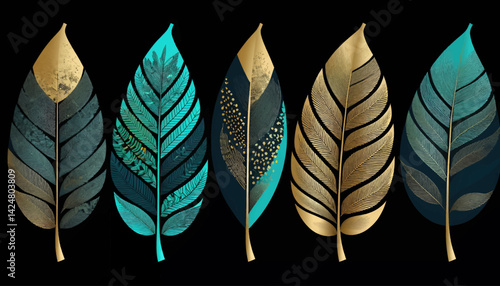 Elegant Decorative Leaves in Gold and Teal_Abstract Foliage Design on Black Background_Modern Botanical Art Print_Nature Inspired Home Decor